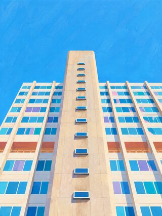 The same tower in flat colour, sand-coloured concrete and blue and lilac windows against an even blue sky.