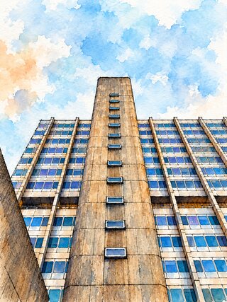 The same tower in watercolour, warm brown concrete and blue windows bleeding into a sky of soft orange and blue clouds.