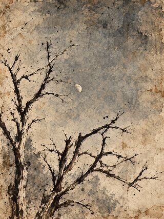 The same branches in black ink on stained, spattered paper, the moon a pale disc in the wash.