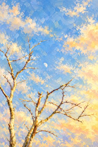 The same branches painted in short dabs, the sky broken into blue and yellow patches around the moon.