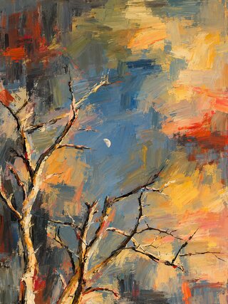 The same branches in thick oil strokes, the sky a churn of blue, gold and red around the moon.