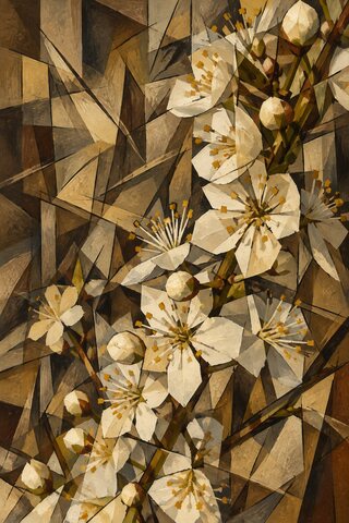The same branch of blossom as a cubist painting, the flowers and the blur behind them broken into facets of cream and brown.