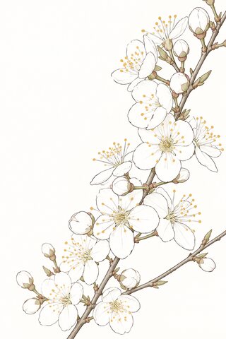 The same branch of blossom as a botanical drawing: fine lines on white paper, the stamens picked out in yellow.